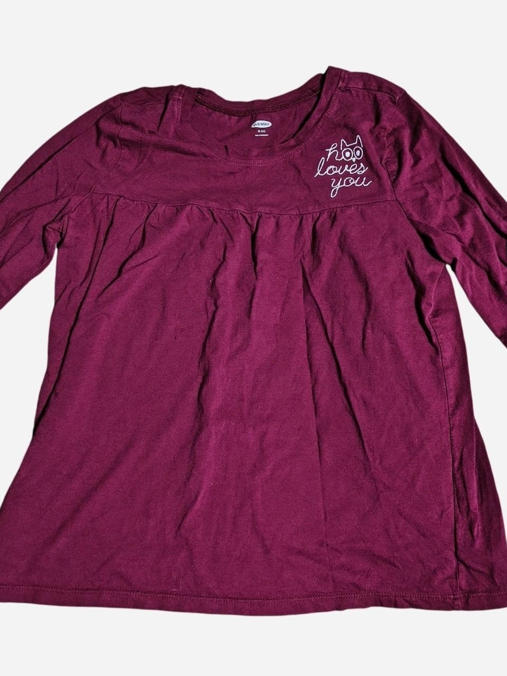 Old Navy Girls Burgundy Long-Sleeve Top with 'Hoo Loves You' Embroidery